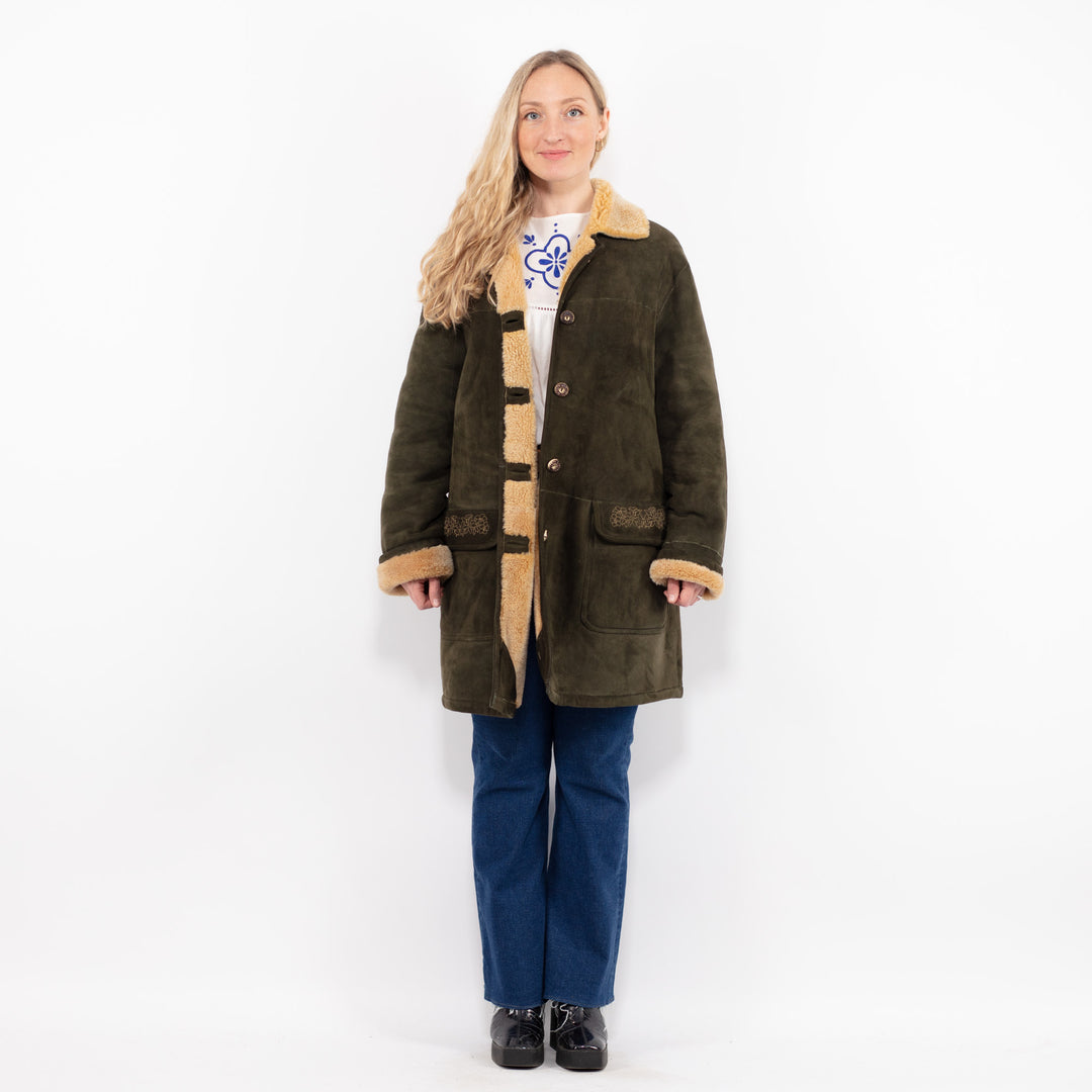 Vintage 90's Women Sheepskin Coat in Green