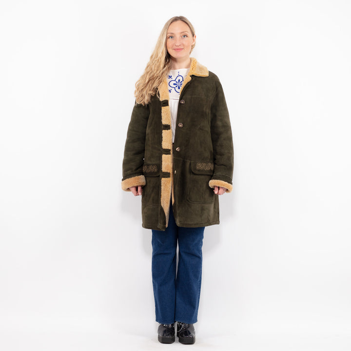 Vintage 90's Women Sheepskin Coat in Green