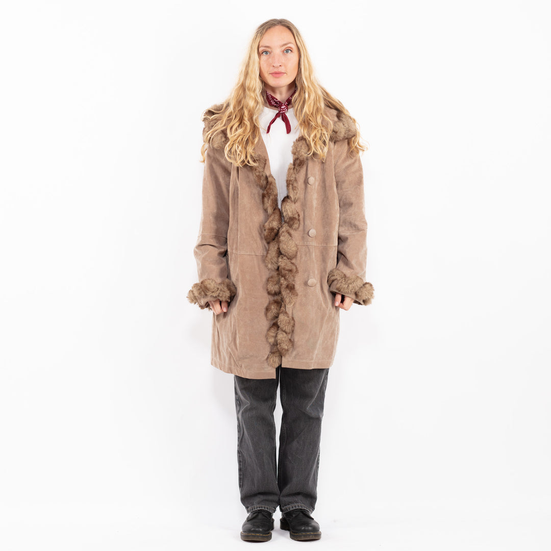 Vintage 90's Women Suede Sherpa Coat in BeigeA0688