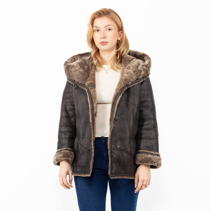Vintage 90's Hooded Penny Lane Sheepskin Jacket in Dark Brown