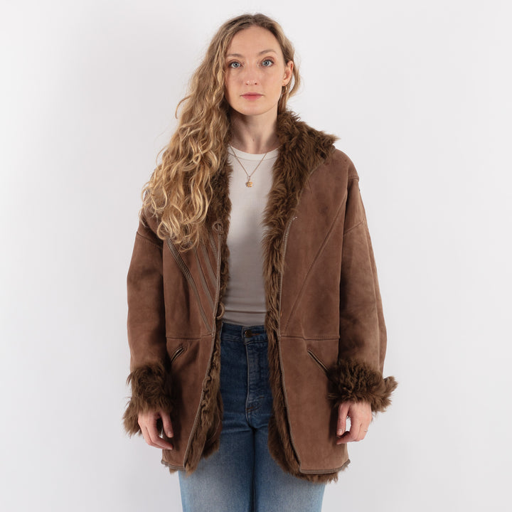 Vintage 80's Women Sheepskin Shearling Coat in BrownV9275