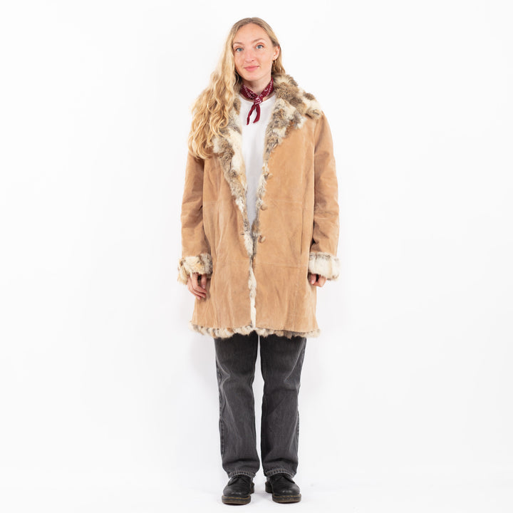 Vintage 90's Penny Lane Suede Fur Coat in Beige