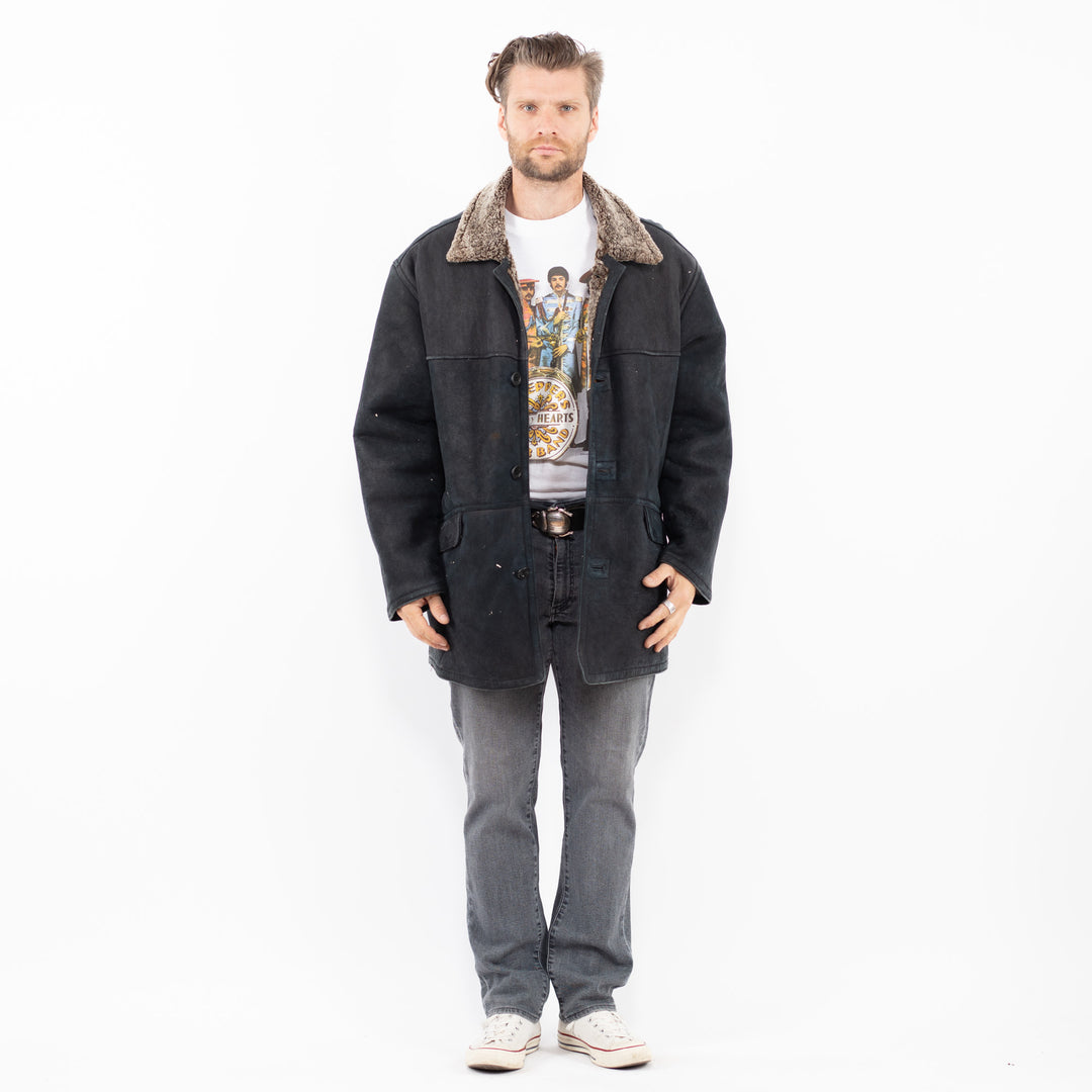 Vintage 90's Men Sheepskin Shearling Coat in BlackZ2011