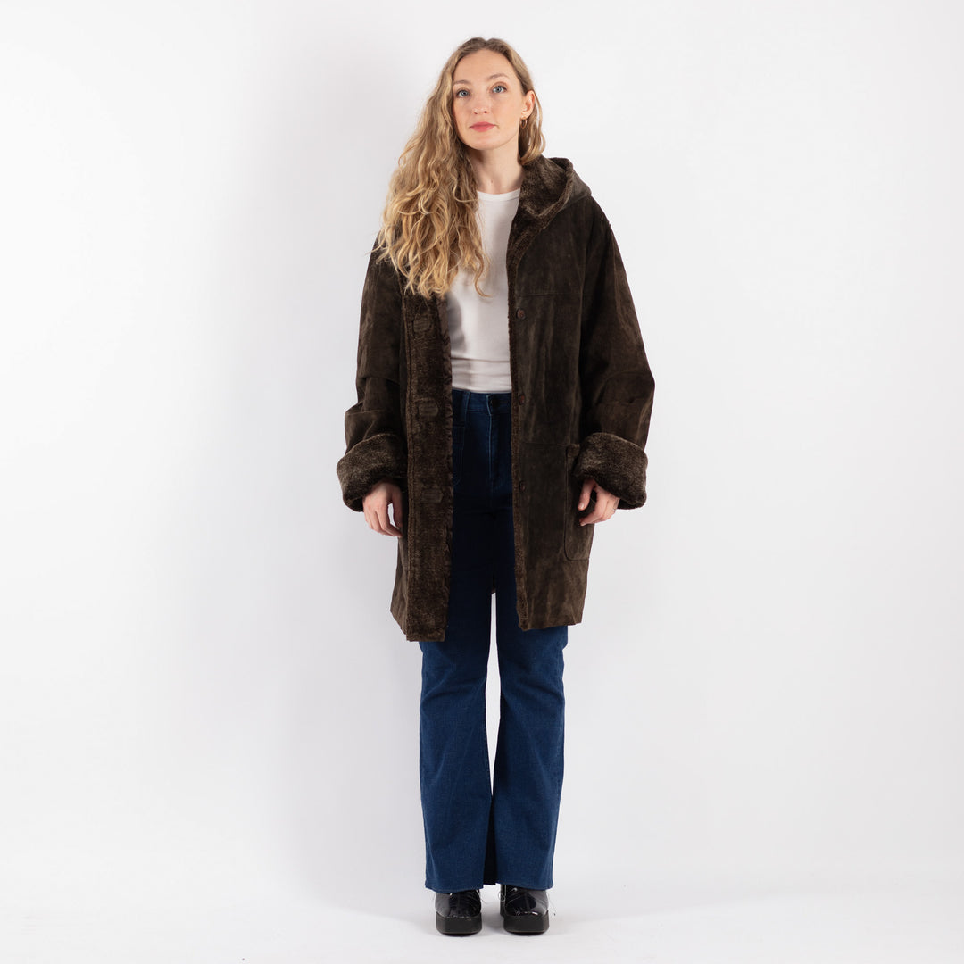 Vintage 90's Women Suede Sherpa Coat in Brown