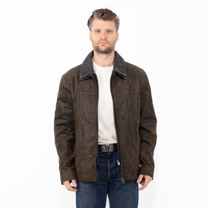 Vintage 90's Men Suede Denim Jacket in Green Brown