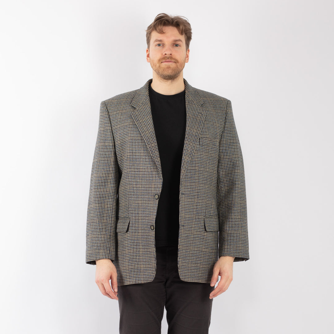 Vintage 90's Men Wool Blazer Jacket in Beige Blue