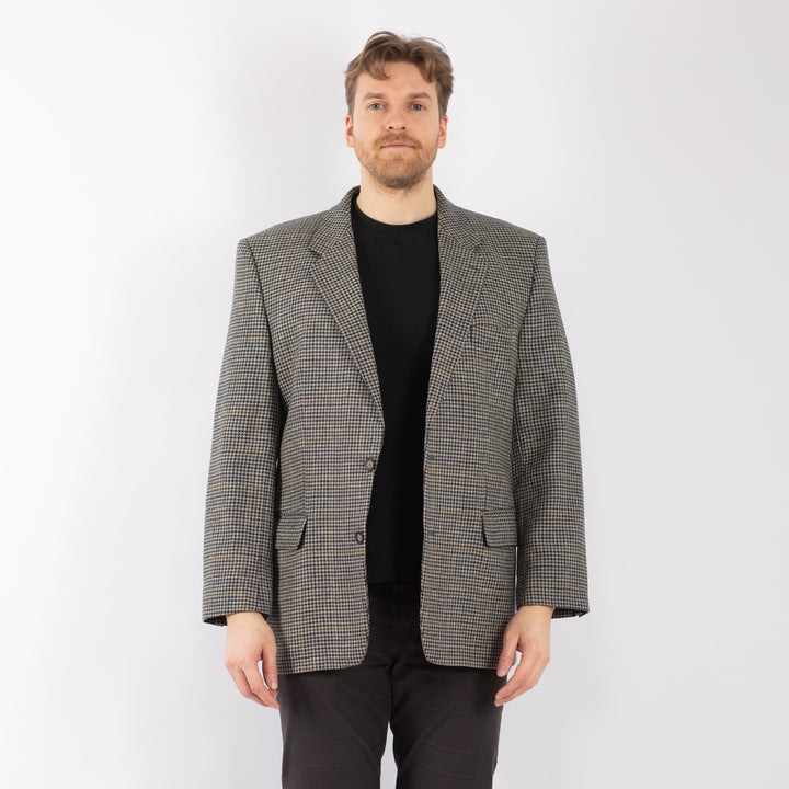 Vintage 90's Men Wool Blazer Jacket in Beige Blue