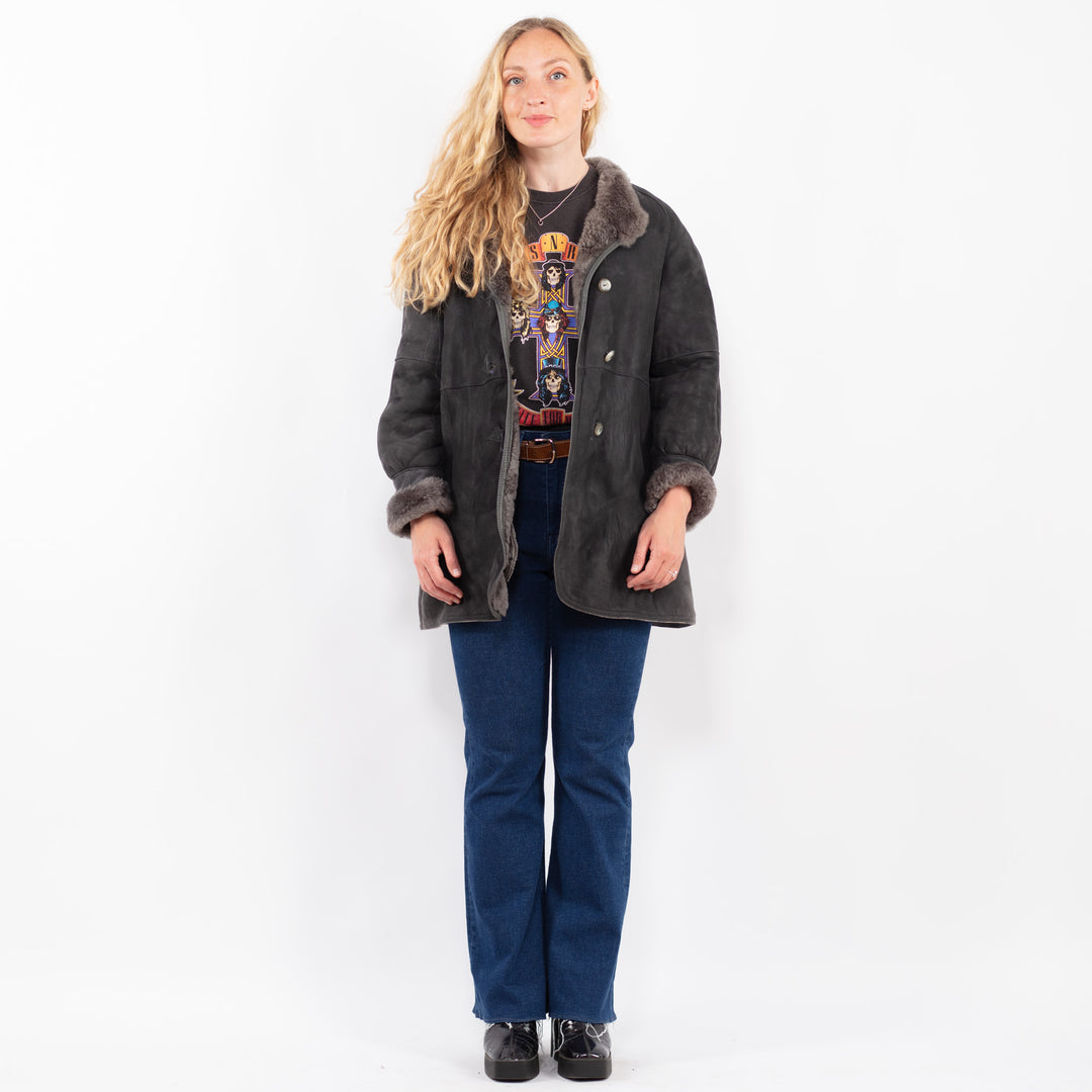 Vintage 80's Women Sheepskin Coat in GrayA0449