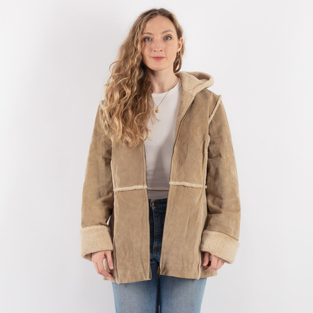 Vintage 90's Women Suede Sherpa Coat in Beige