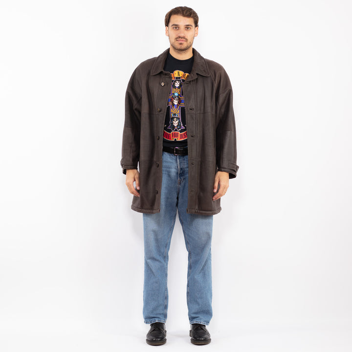 Vintage 80's Men Sheepskin Leather Coat in Brown