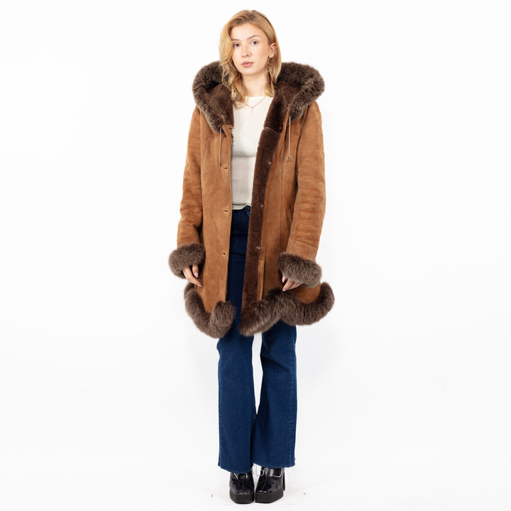 Vintage 90's Hooded Penny Lane Sheepskin Coat in Brown
