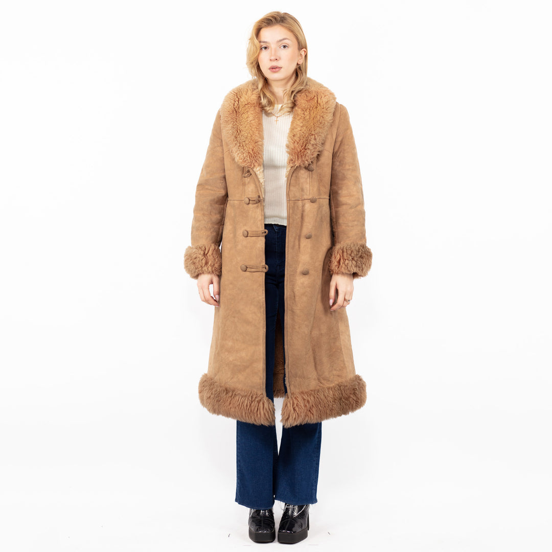 Vintage 70's Women Sheepskin Shearling Coat in Beige