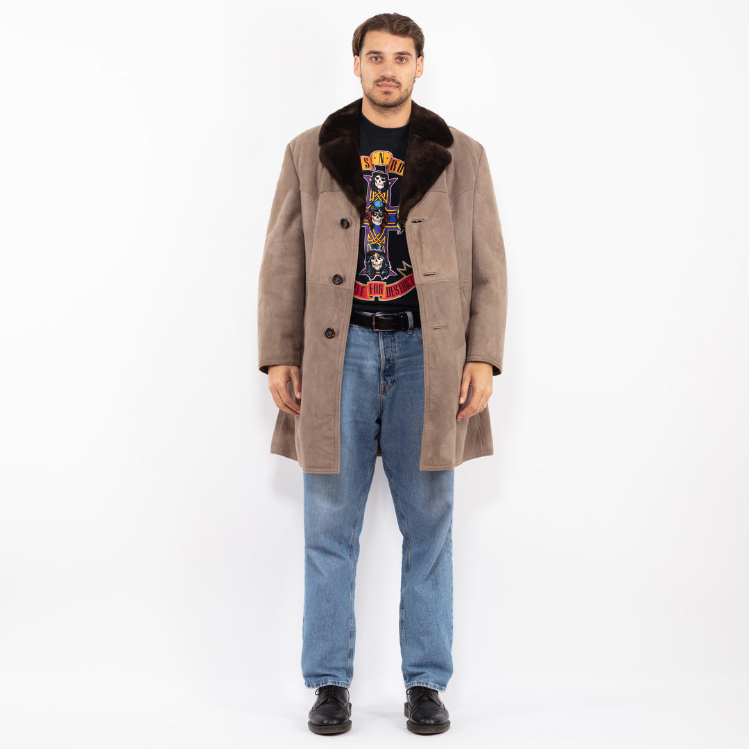 Vintage 70's Men Western Sheepskin Coat in Gray Beige