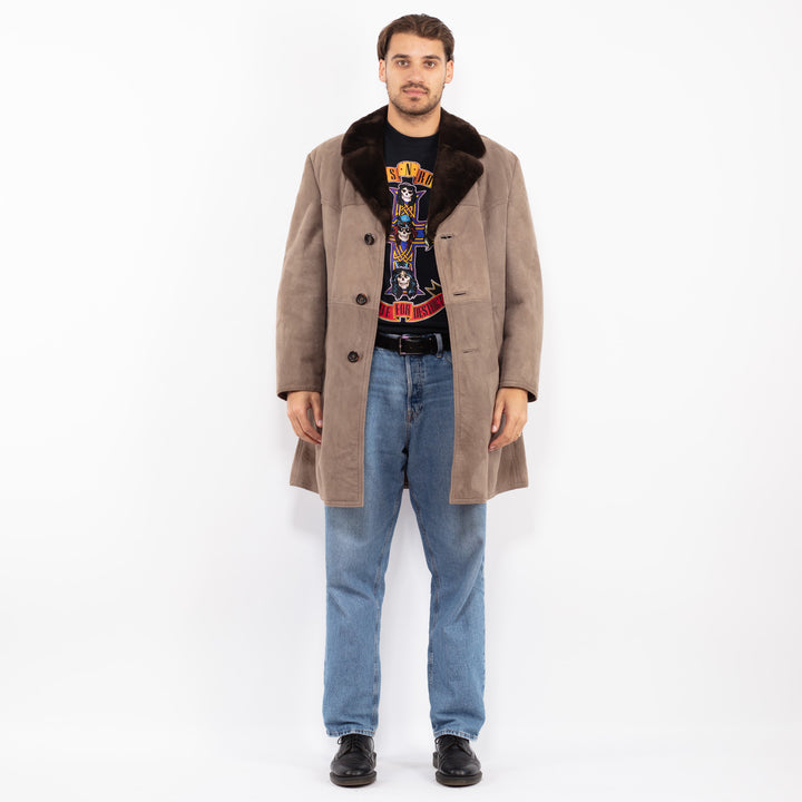 Vintage 70's Men Western Sheepskin Coat in Gray Beige
