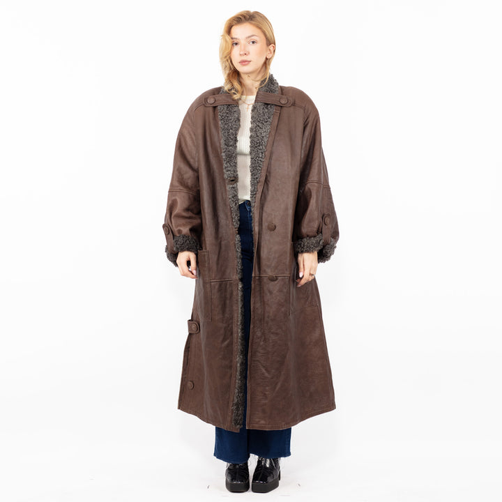 Vintage 90's Women Sheepskin Long Coat in Brown