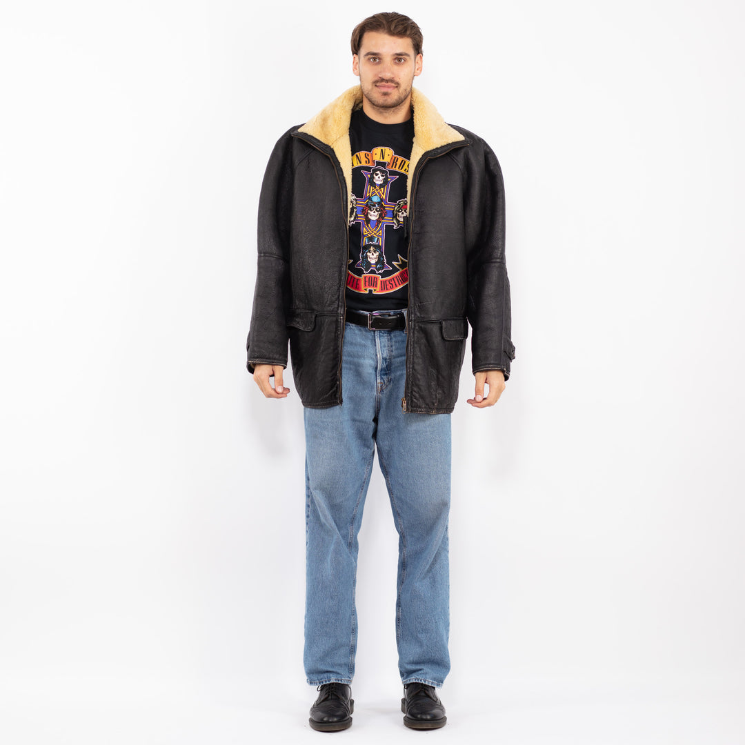 Vintage 70's Men Distressed Sheepskin Jacket in Black