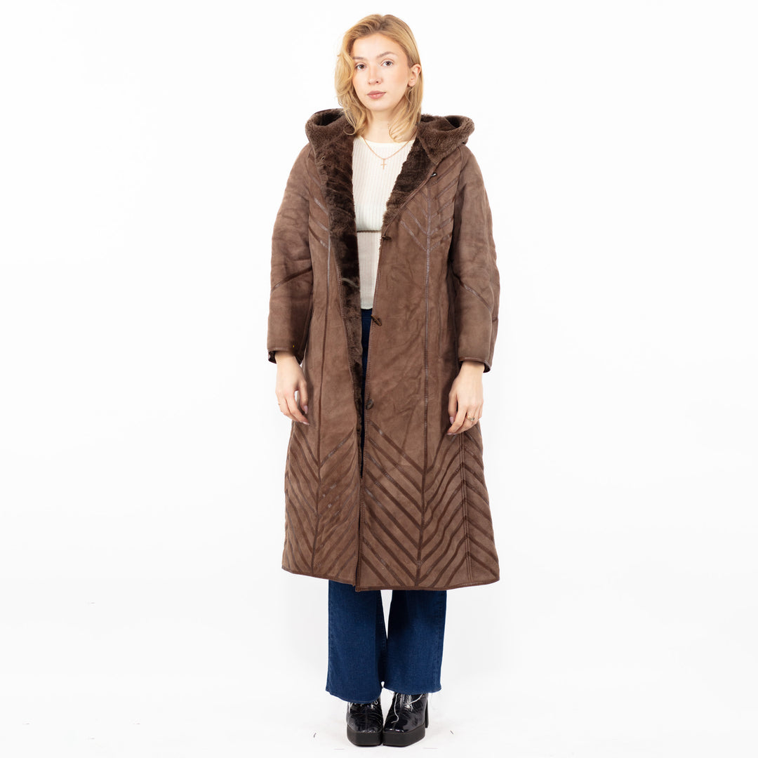 Vintage 80's Women Hooded Sheepskin Long Coat in Brown