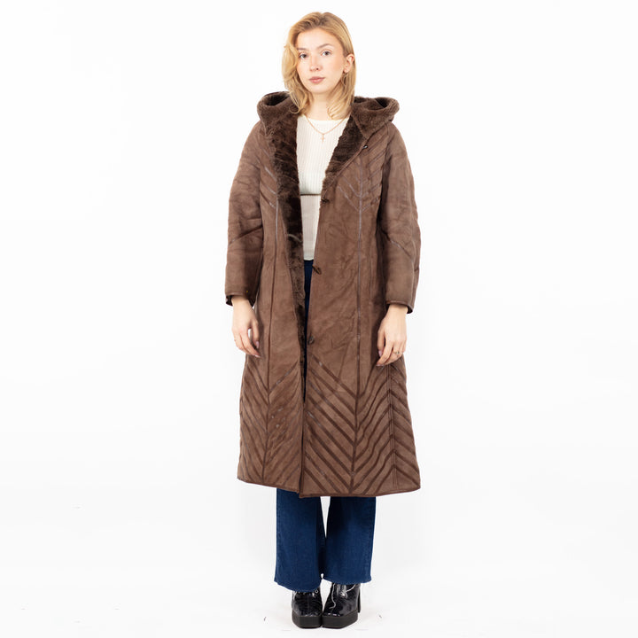 Vintage 80's Women Hooded Sheepskin Long Coat in Brown
