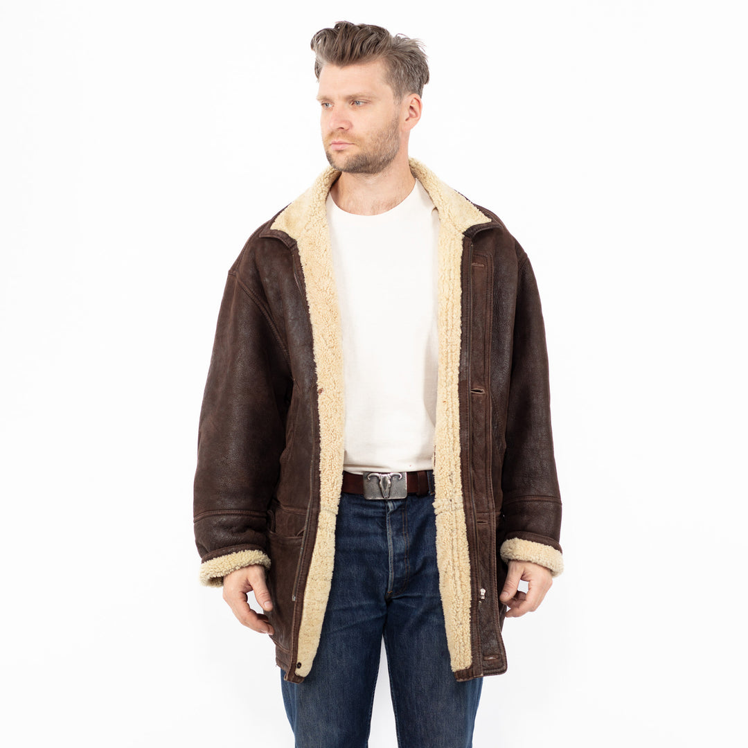 Vintage 90's Men Sheepskin Shearling Coat in Brown