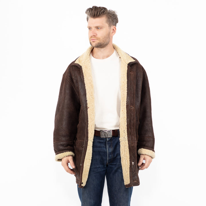 Vintage 90's Men Sheepskin Shearling Coat in Brown
