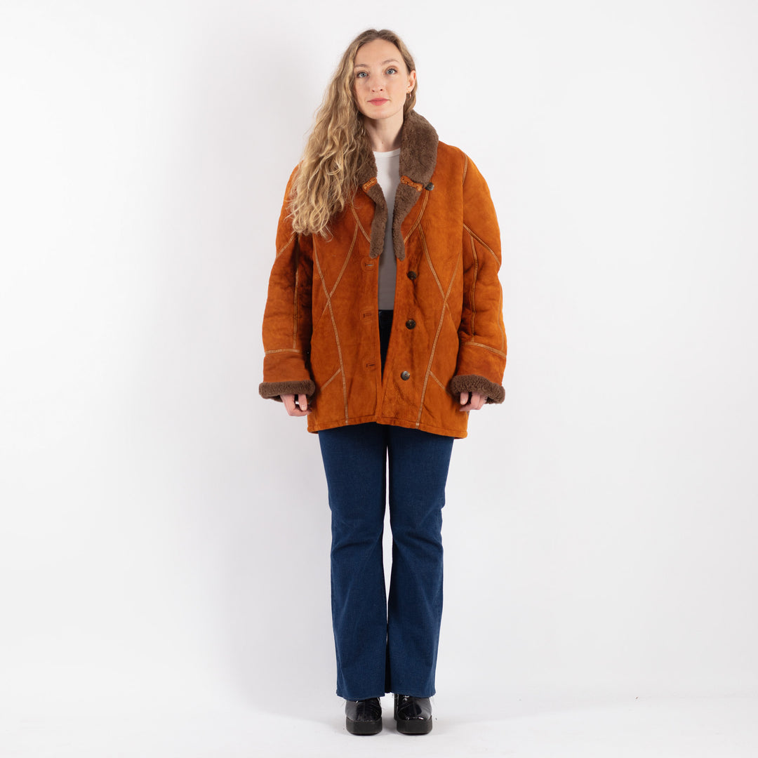 Vintage 80's Women Sheepskin Shearling Jacket in Orange