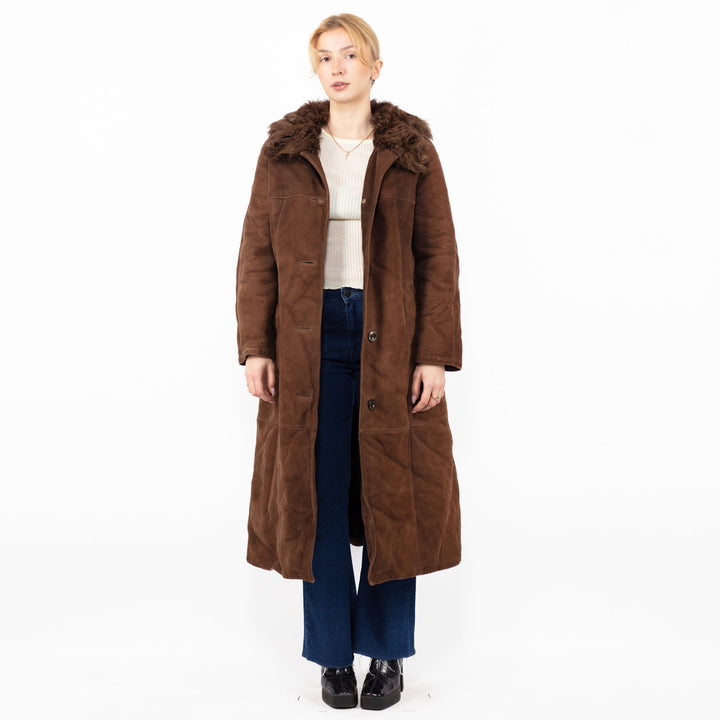 Vintage 70's Women Sheepskin Long Coat in Brown