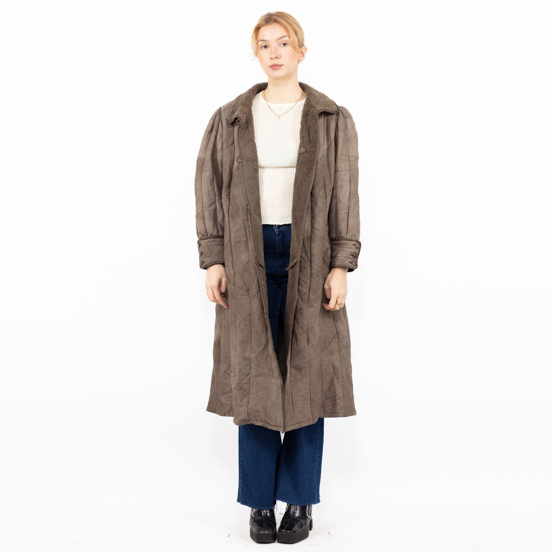 Vintage 80's Women Sheepskin Long Coat in Gray Beige
