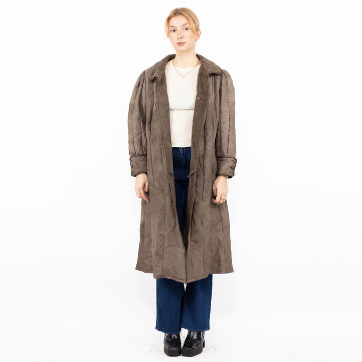 Vintage 80's Women Sheepskin Long Coat in Gray Beige