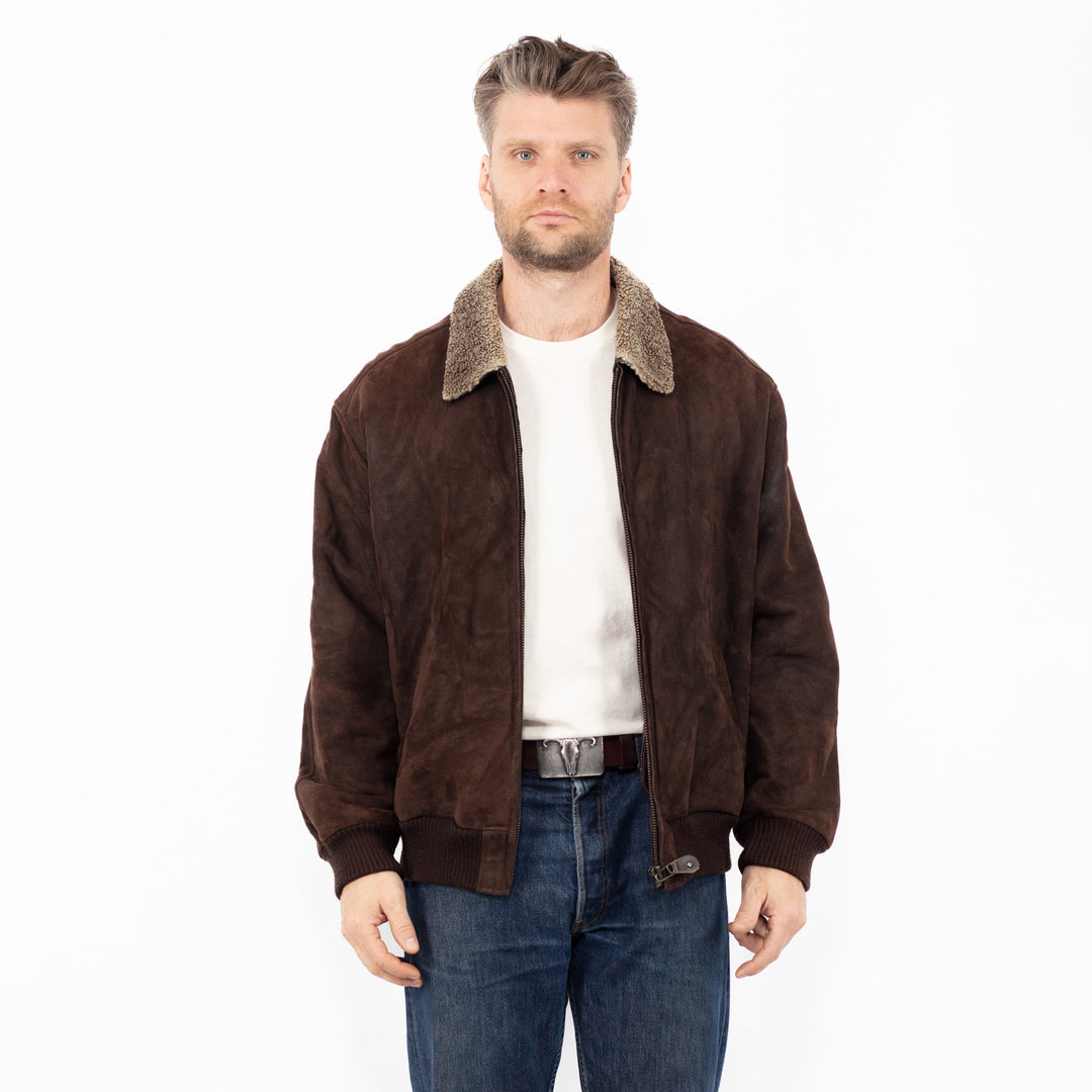 Vintage 90's Men Sheepskin Bomber Jacket in Brown