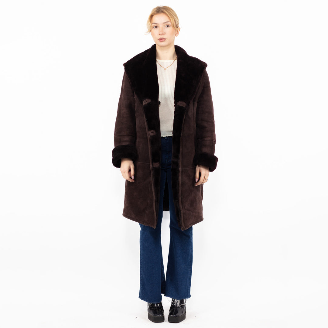 Vintage 80's Women Hooded Sheepskin Coat in Burgundy Brown