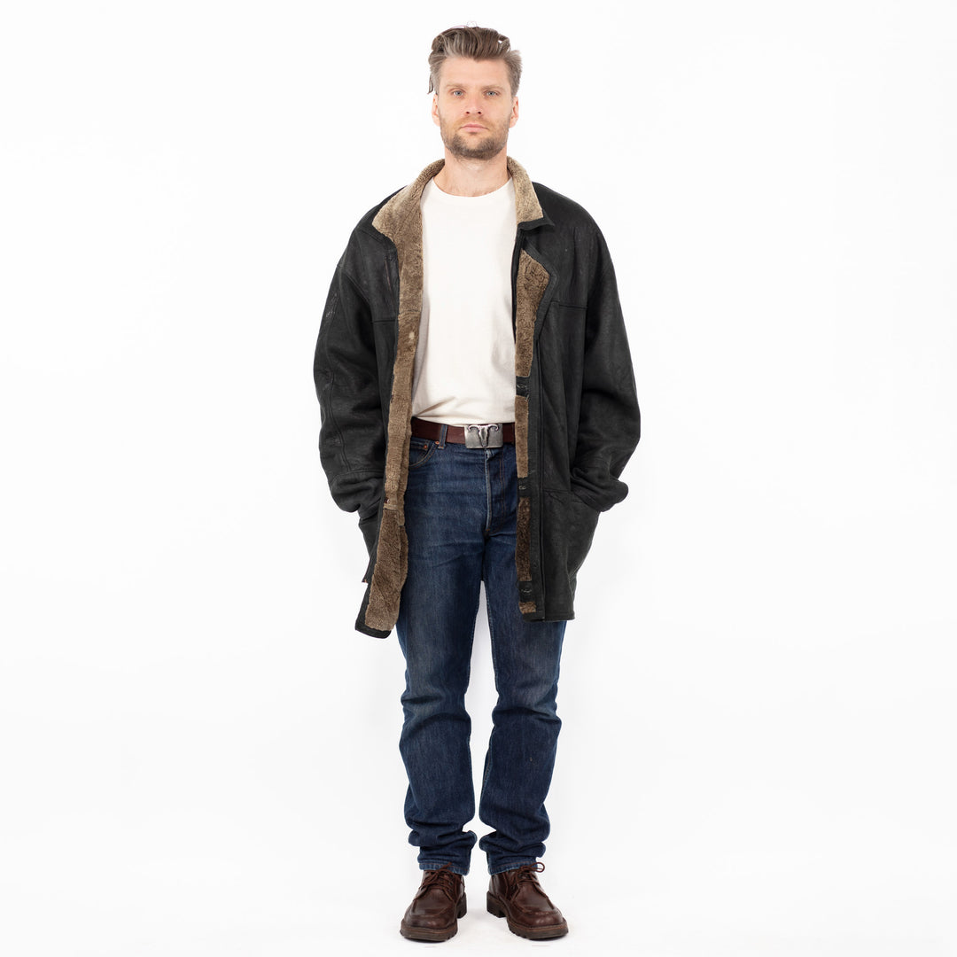 Vintage 90's Men Sheepskin Coat in Black