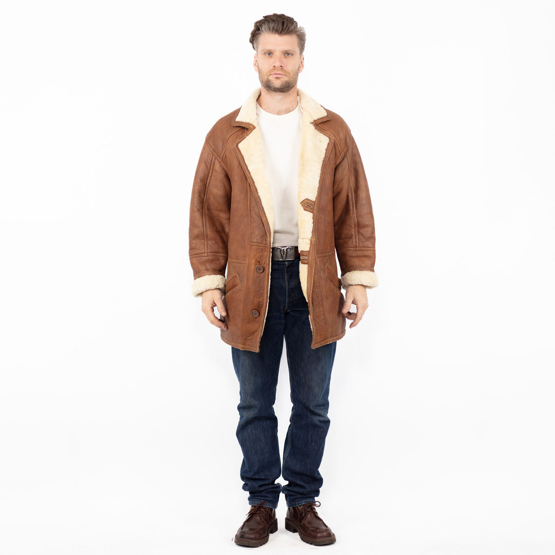 Vintage 90's Men Sheepskin Shearling Coat in Brown