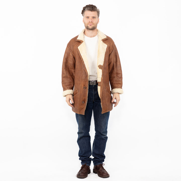 Vintage 90's Men Sheepskin Shearling Coat in Brown