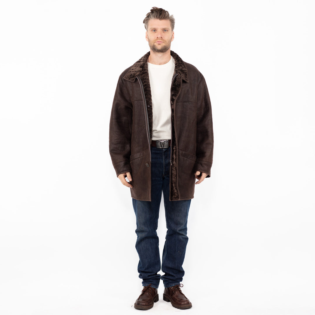 Vintage 90's Men Sheepskin Shearling Coat in Brown