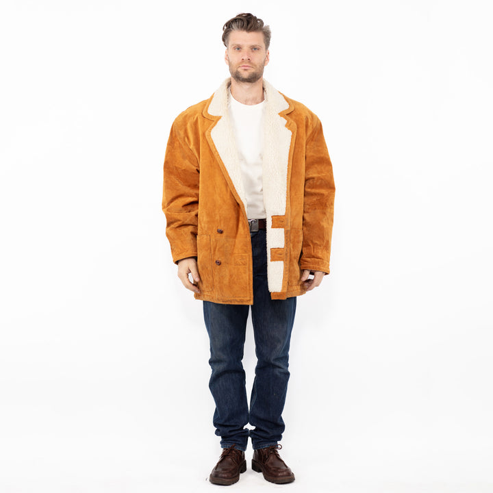 Vintage 90's Men Suede Sherpa Coat in Orange Brown