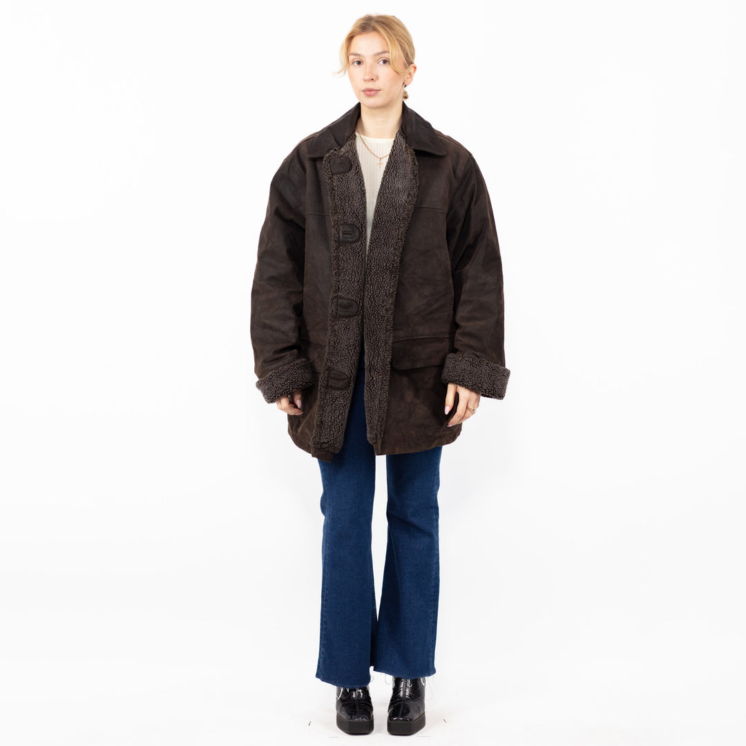 Vintage 90's Women Suede Sherpa Coat in BrownA0855