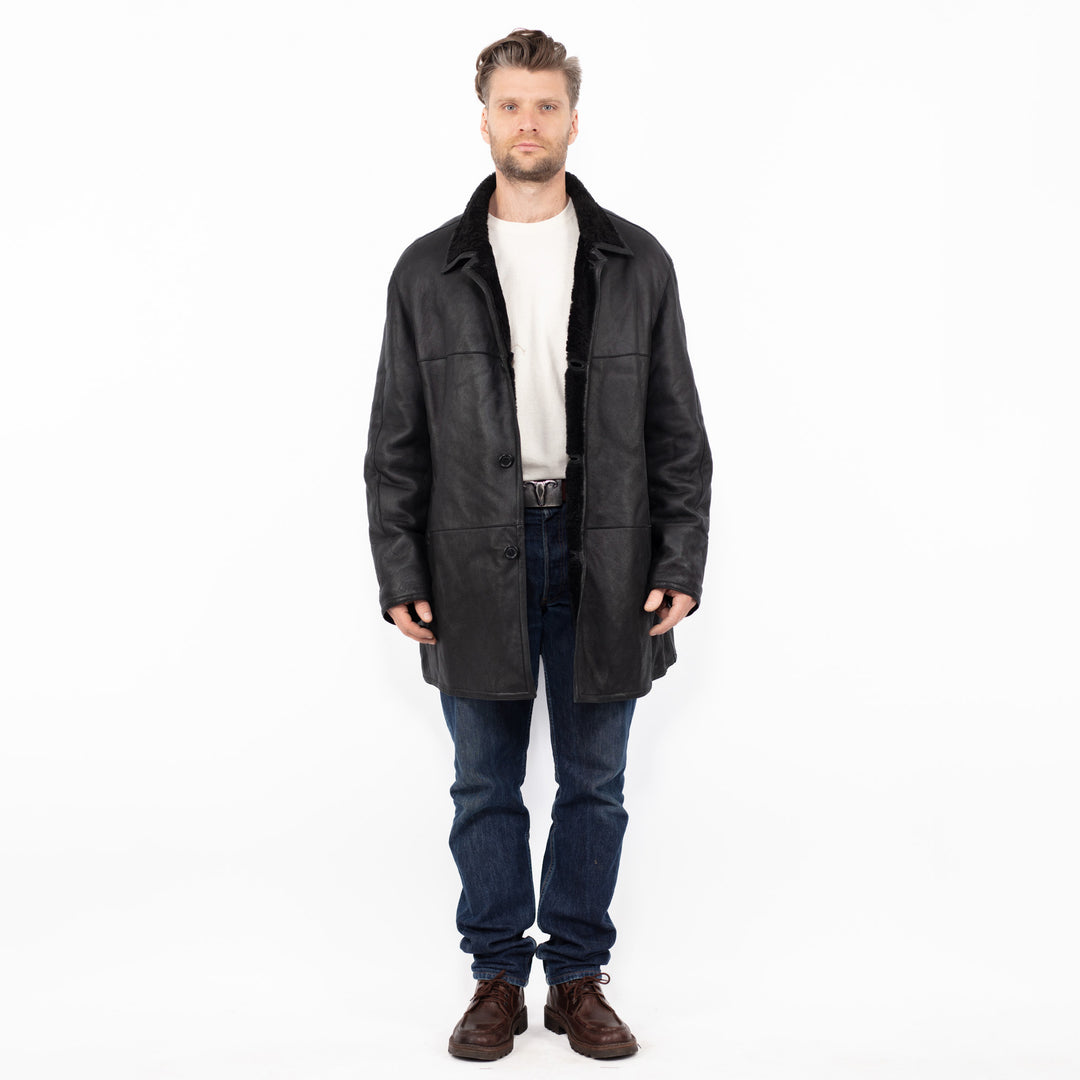 Vintage 90's Men Sheepskin Leather Coat in Black