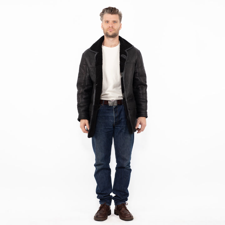 Vintage 90's Men Sheepskin Leather Coat in Black