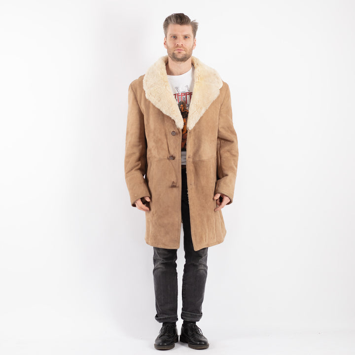 Vintage 70's Men Sheepskin Shearling Coat in Beige