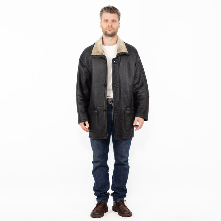 Vintage 90's Men Sheepskin Leather Coat in Black