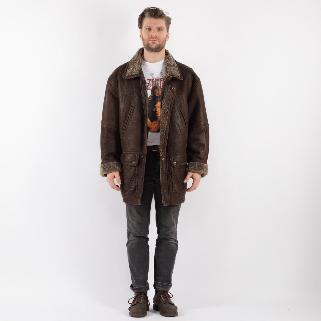 Vintage 90's Men Sheepskin Coat in Brown