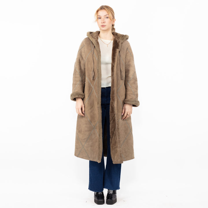 Vintage 70's Women Hooded Sheepskin Long Coat in Beige