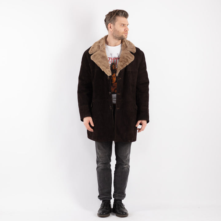 Vintage 70's Men Sheepskin Shearling Coat in Brown