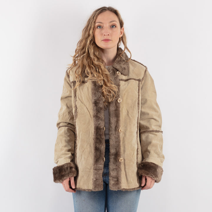 Vintage 90's Women Suede Sherpa Jacket in Beige