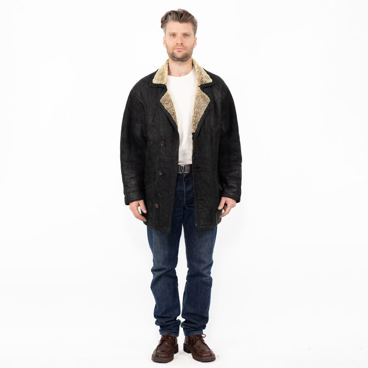 Vintage 90's Men Sheepskin Coat in Black