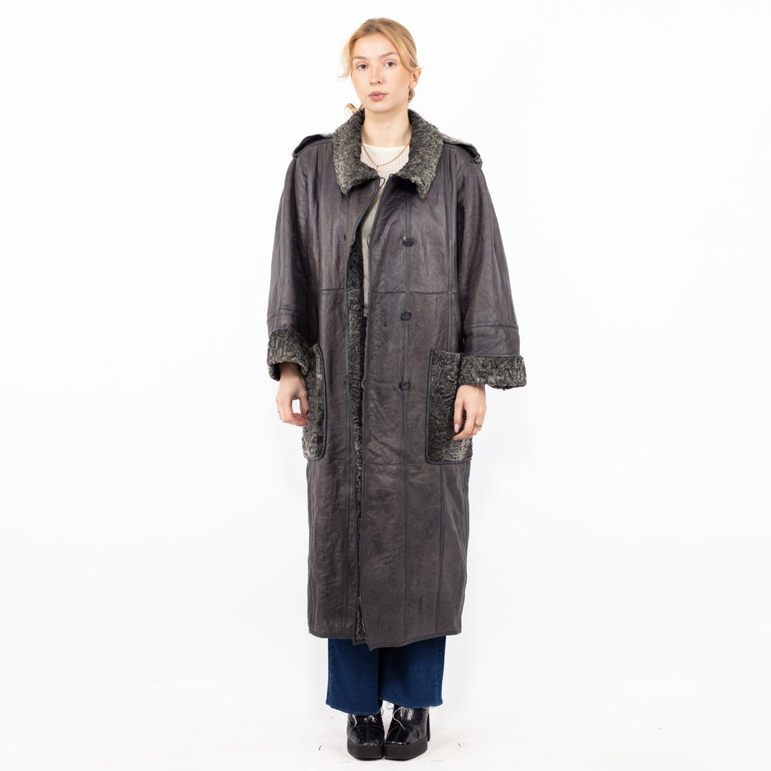 Vintage 80's Women Reversible Sheepskin Long Coat in Gray