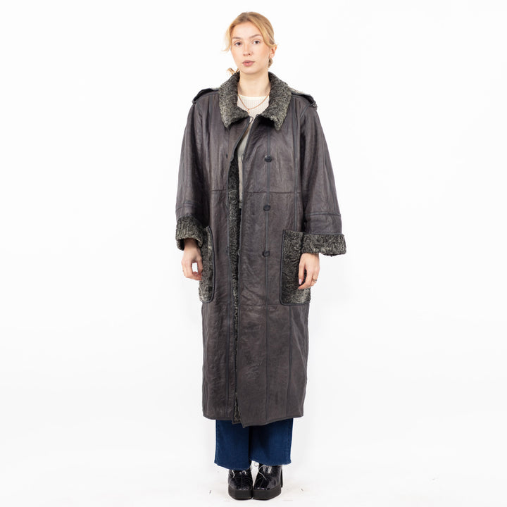 Vintage 80's Women Reversible Sheepskin Long Coat in Gray