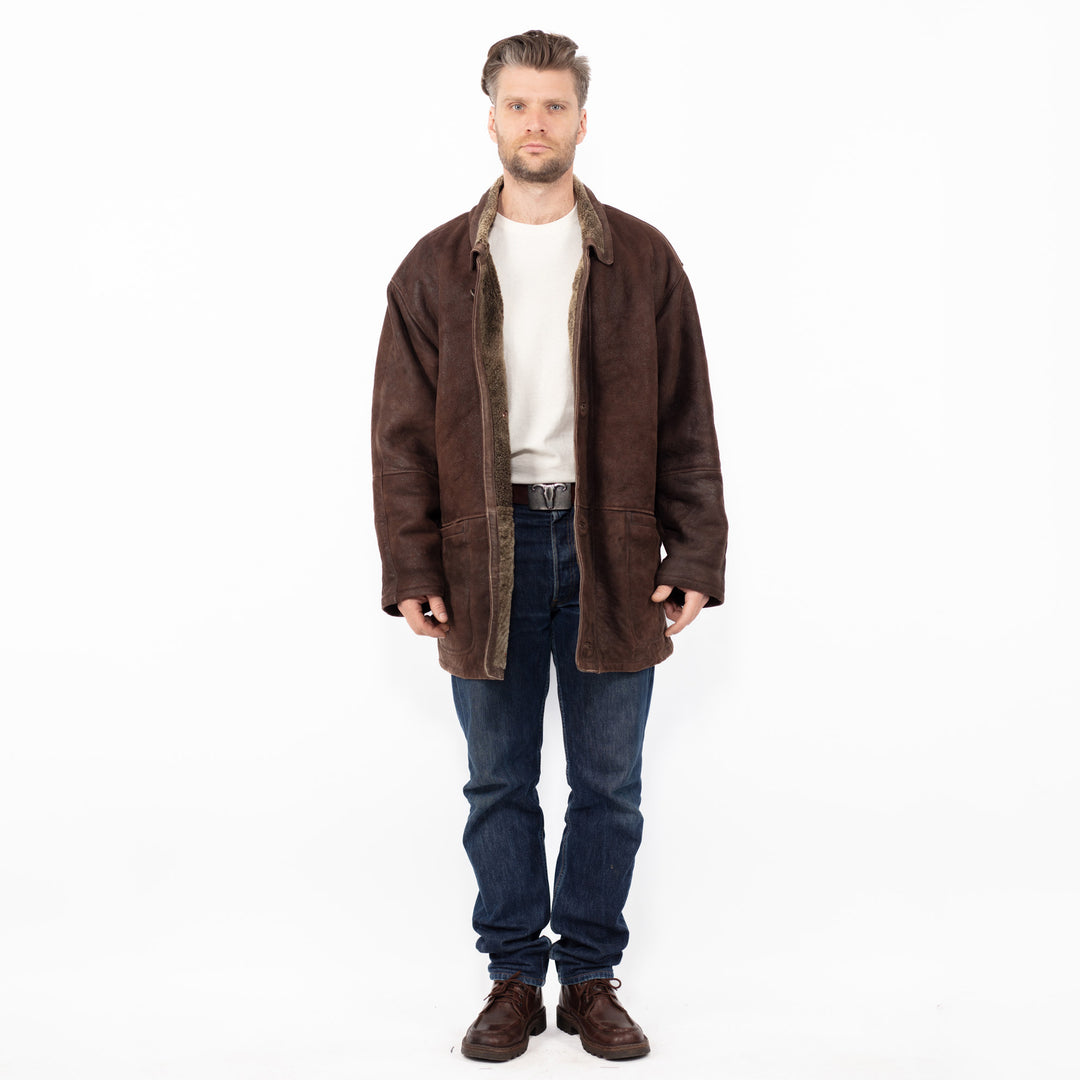Vintage 90's Men Sheepskin Coat in Brown