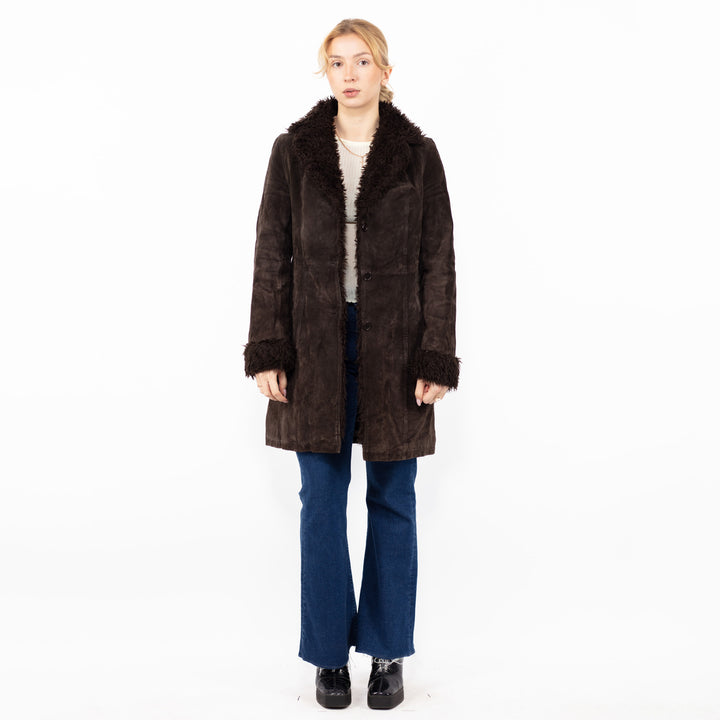 Vintage 90's Women Suede Sherpa Coat in Brown