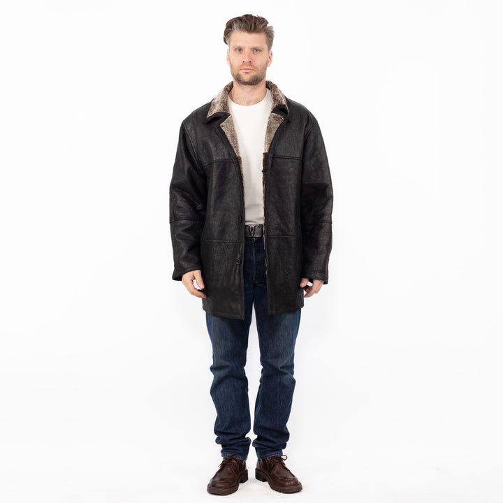 Vintage 90's Men Sheepskin Leather Coat in Black
